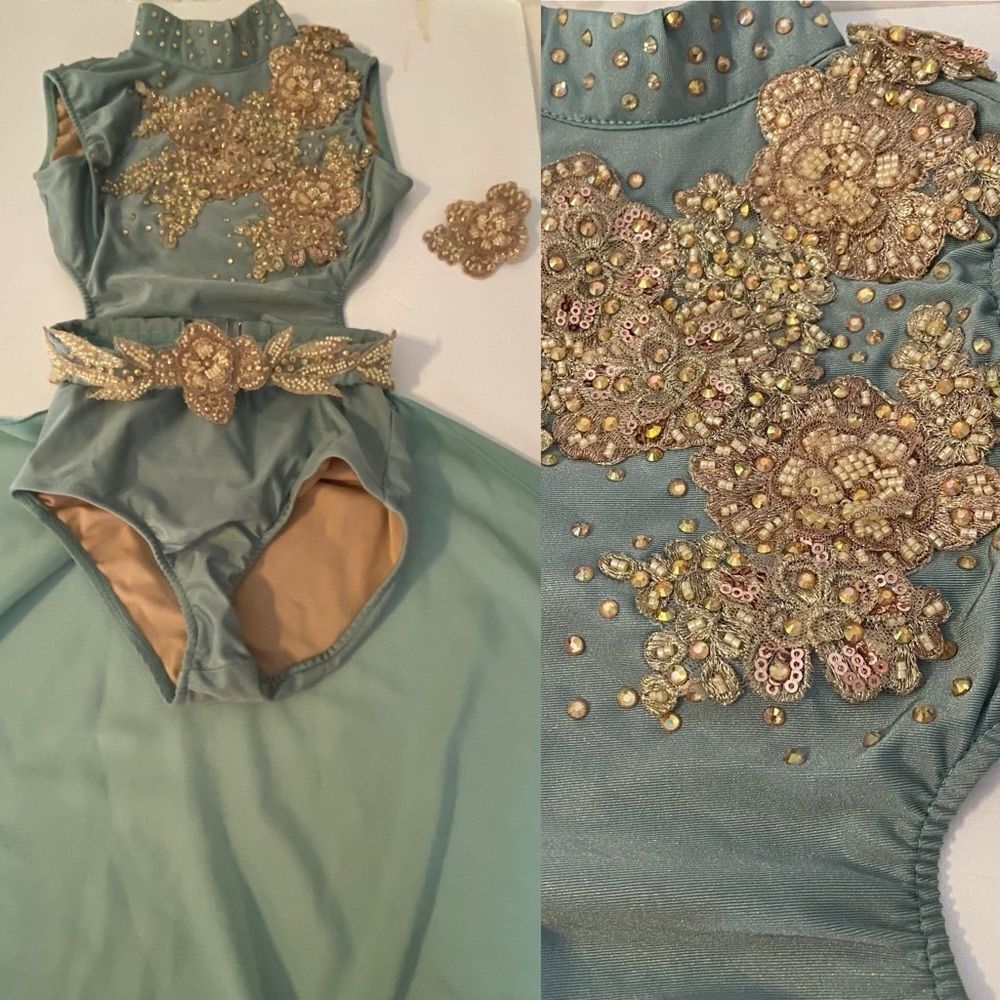 Glamour solo dance costume custom sage green gold rhinestone lyrical SC child